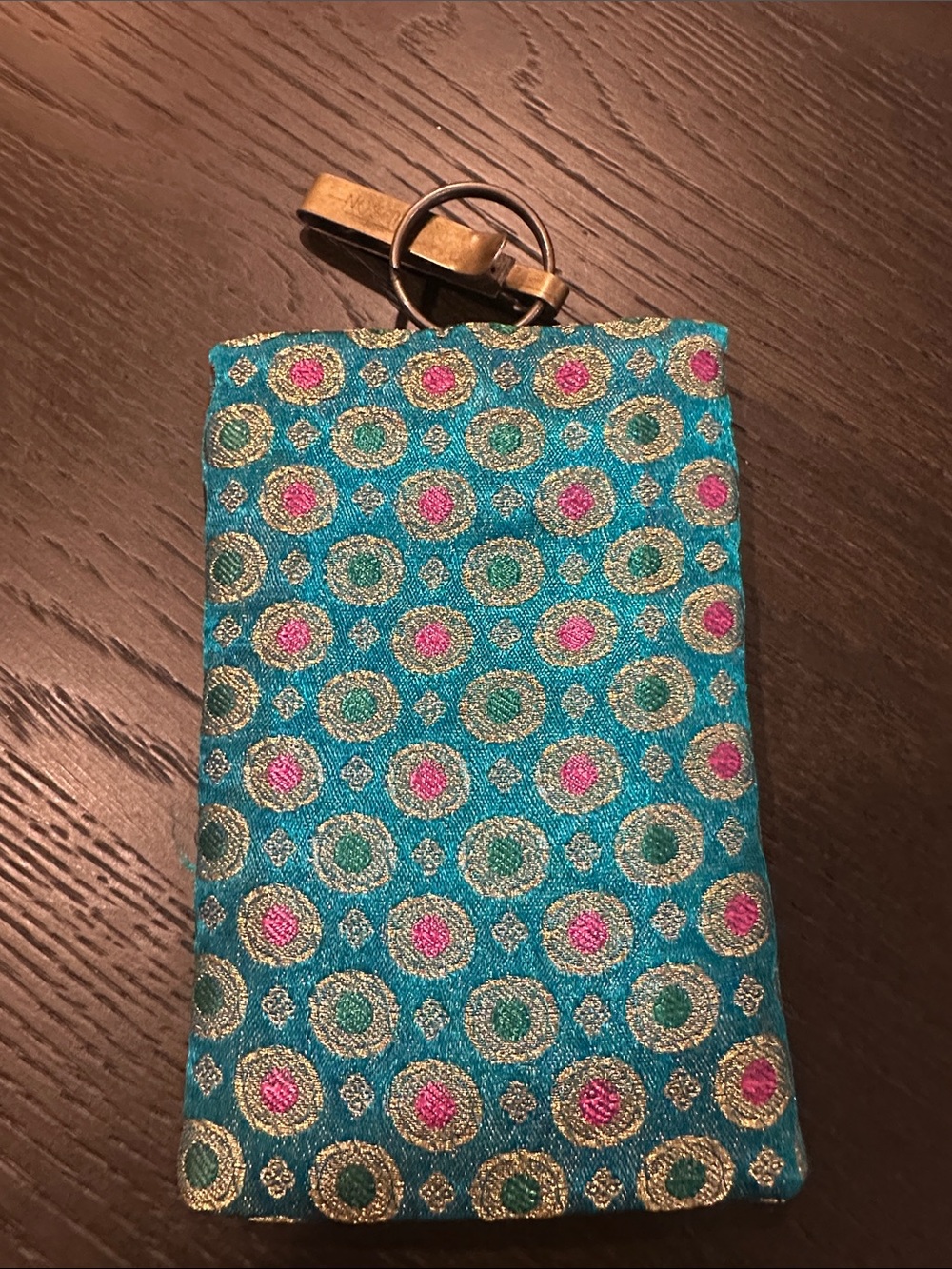 Turquoise Metallic Brocade Mobile Pouch (Saree Hook + Key Ring) NWOT